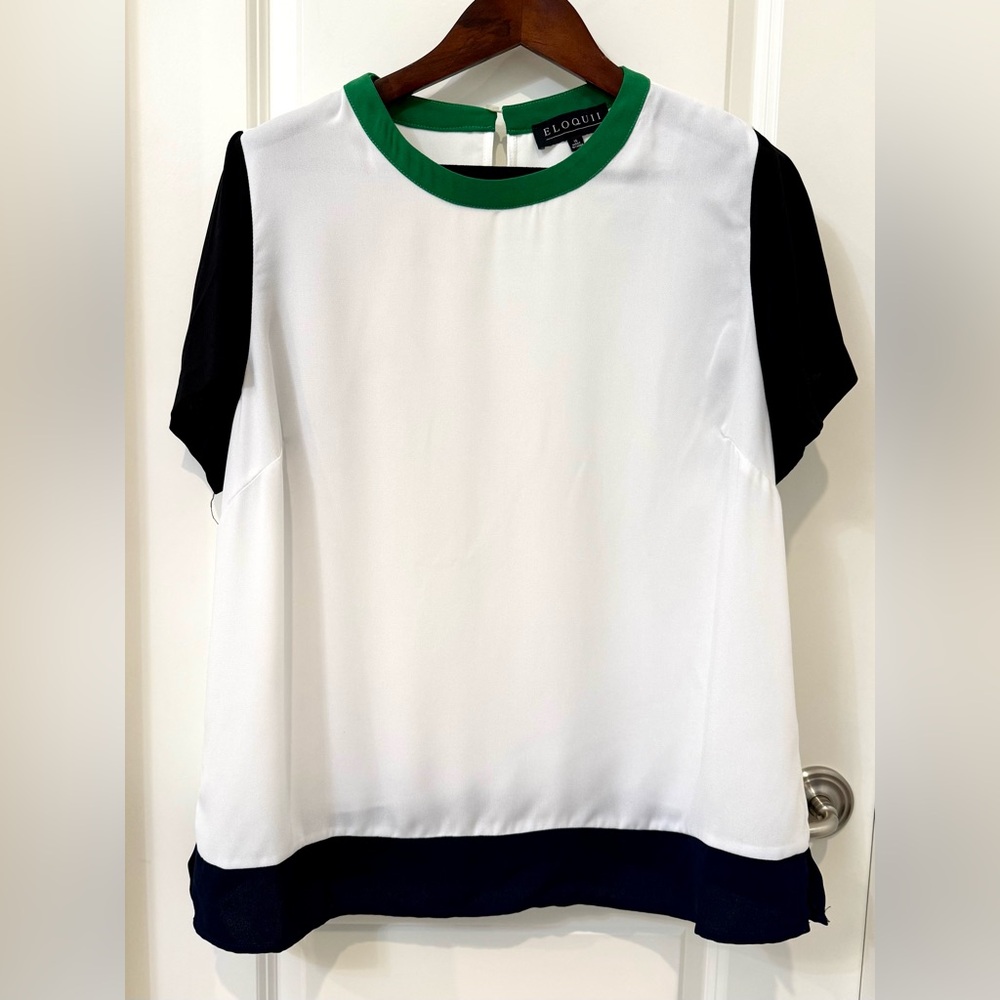 Eloquii White, Green, Navy, and Black Blouse with Green Accent Size 16